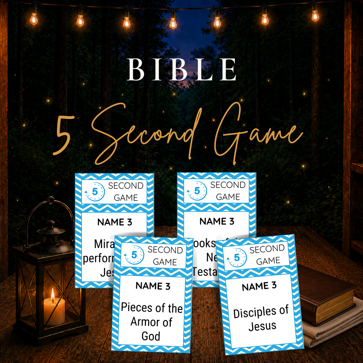 Bible 5 Second Game printable with 120 Bible game cards for church groups, families, Sunday School and youth groups