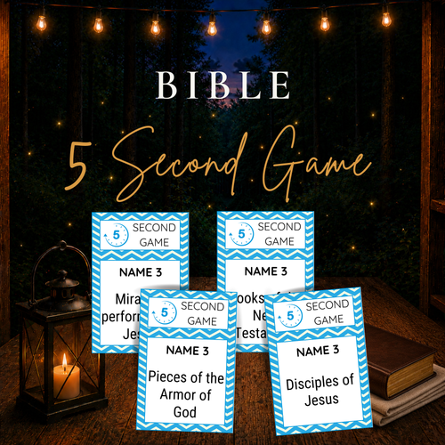 Bible 5 Second Game printable with 120 Bible game cards for church groups, families, Sunday School and youth groups