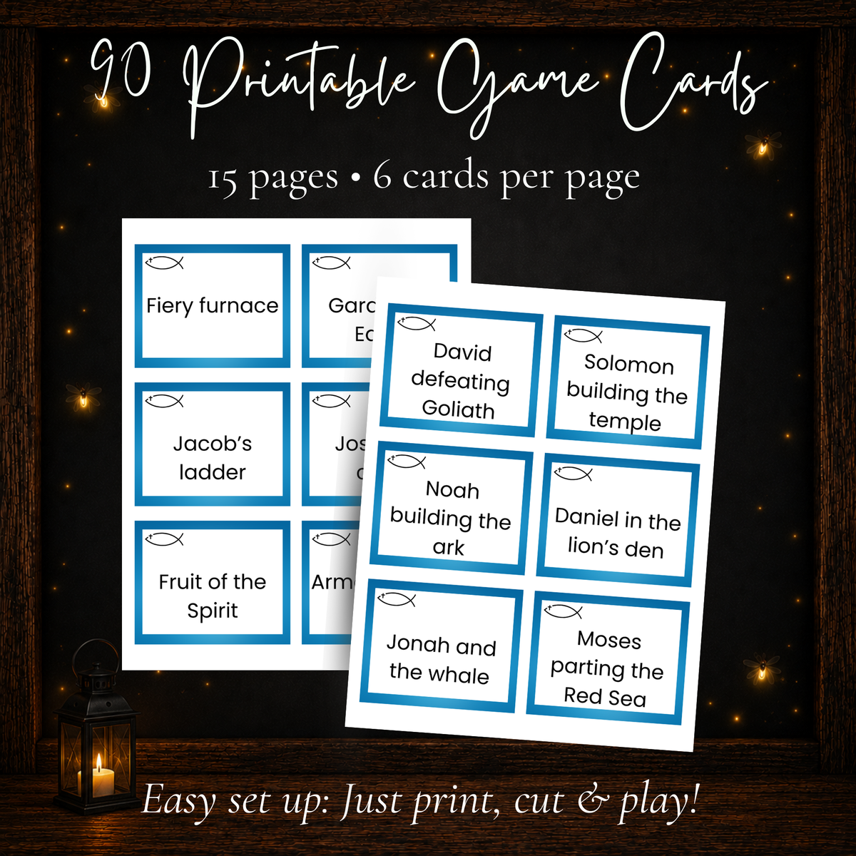 90 printable Bible Charades cards with 15 pages and 6 Christian game cards per page