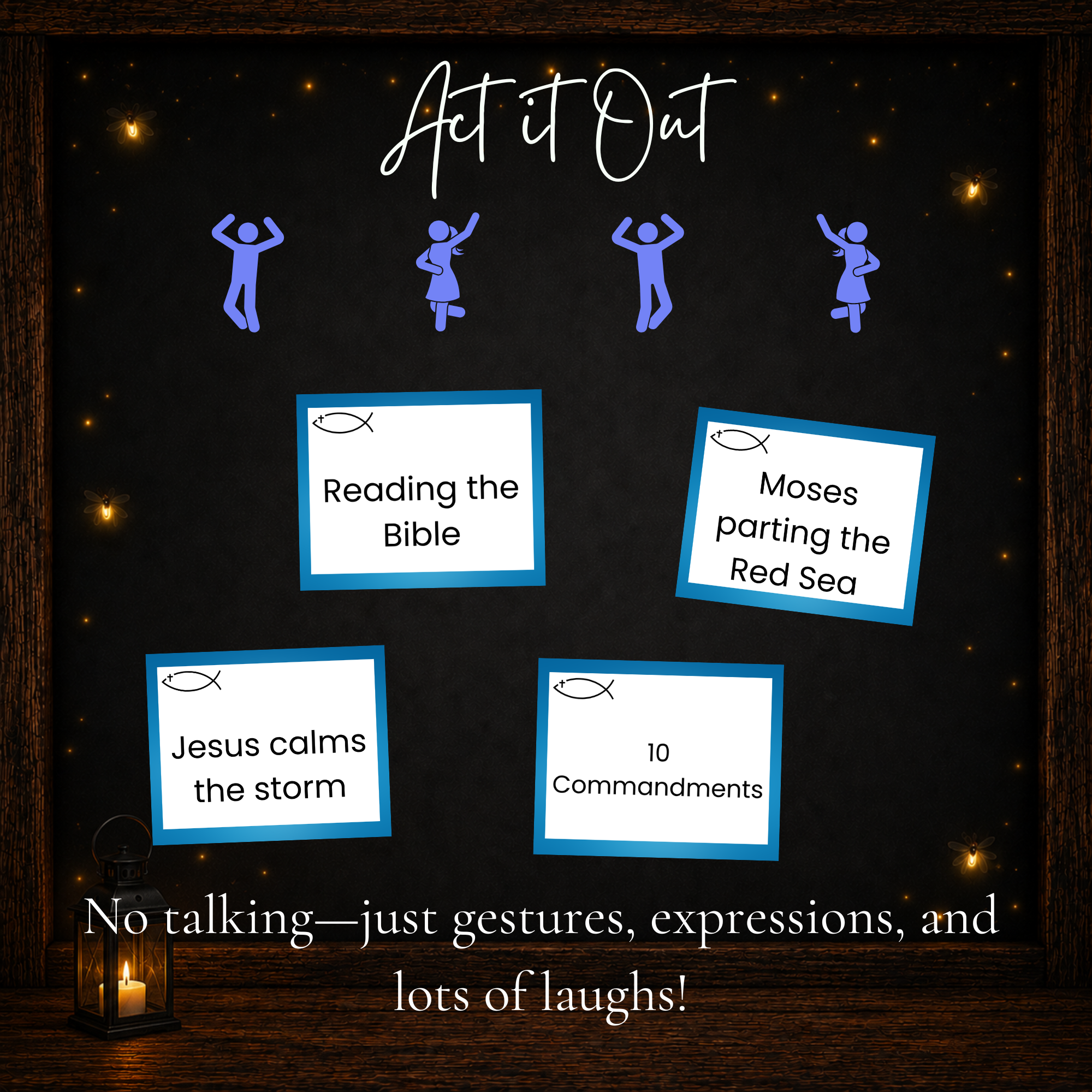 Bible Charades card examples including Moses parting the Red Sea, Jesus calming the storm and Ten Commandments