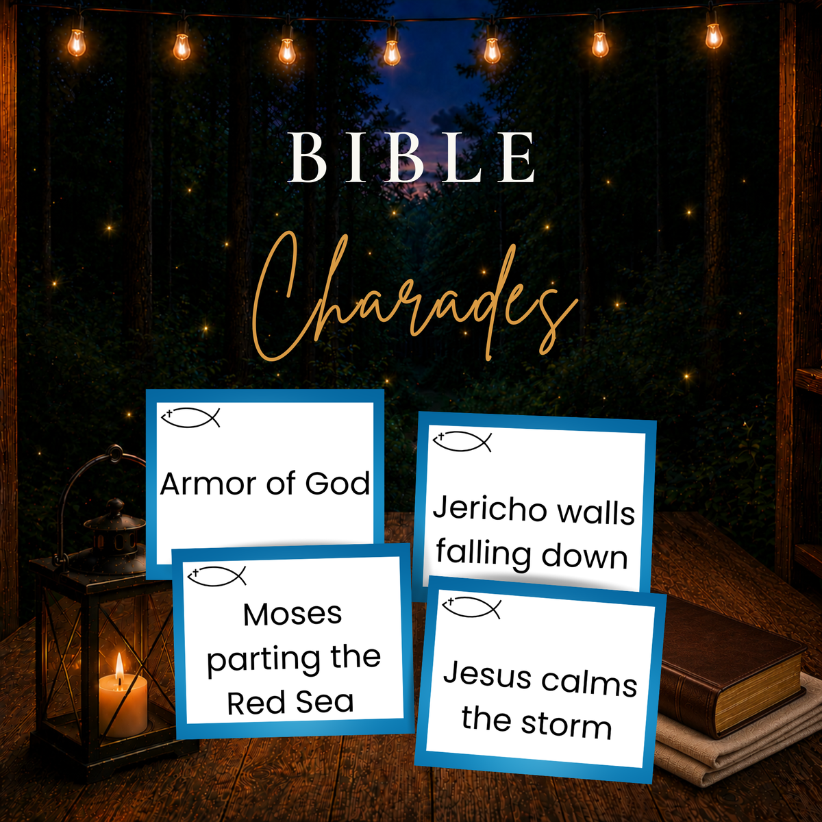 Bible Charades printable game with Christian Bible story cards for church, youth groups and families