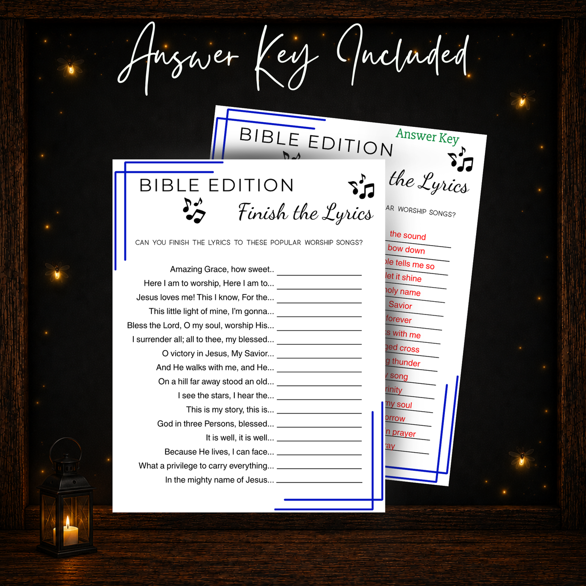 Bible Finish the Lyrics printable game and included answer key for Christian group activities