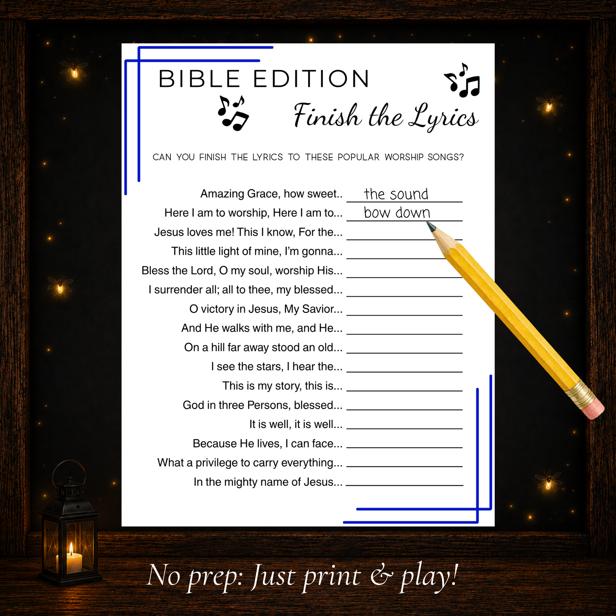 Printable Bible Finish the Lyrics worship song game for church groups, families and Sunday School