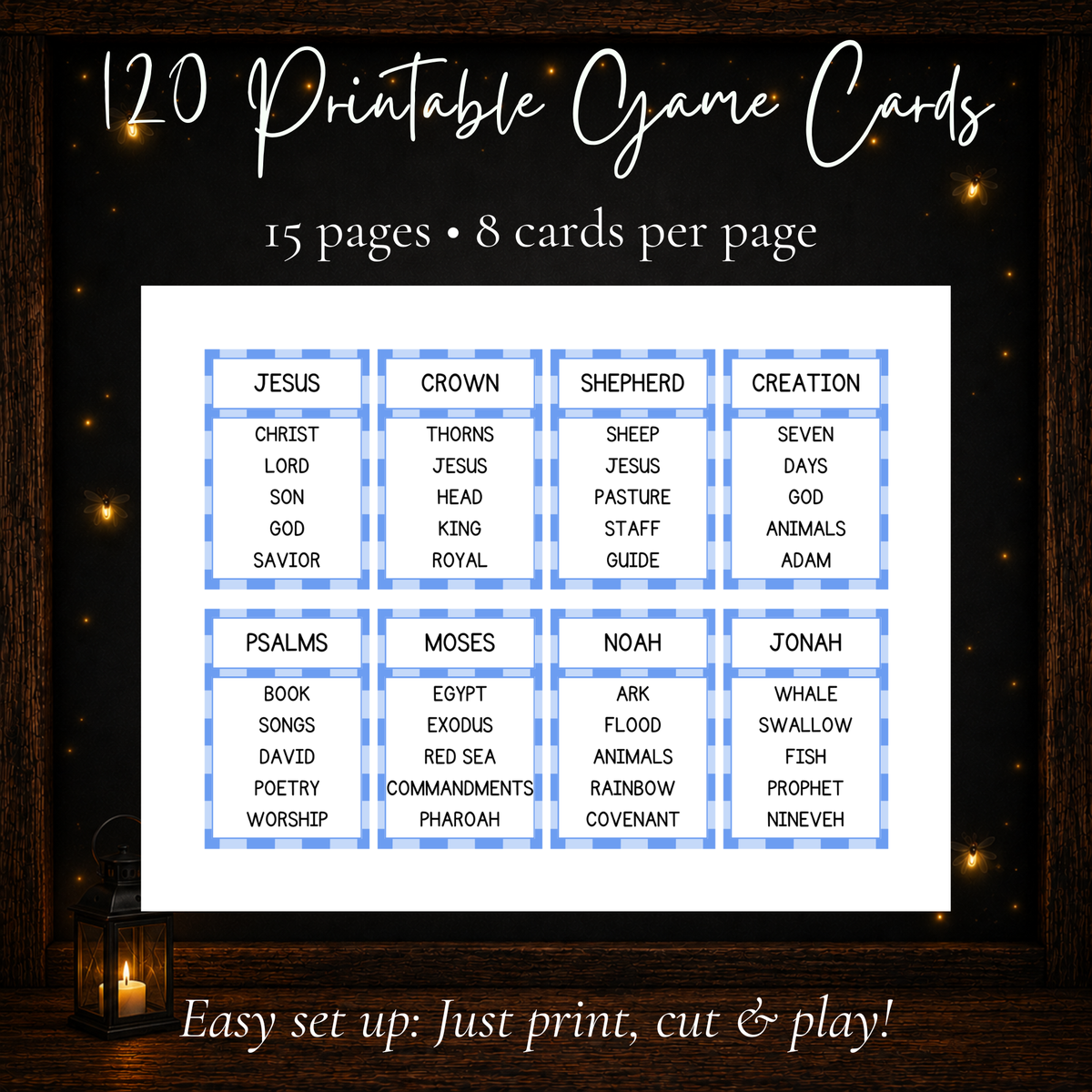 120 printable Bible Forbidden Words game cards with Bible people stories places and Christian themes