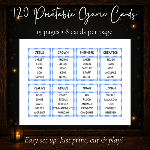 120 printable Bible Forbidden Words game cards with Bible people stories places and Christian themes