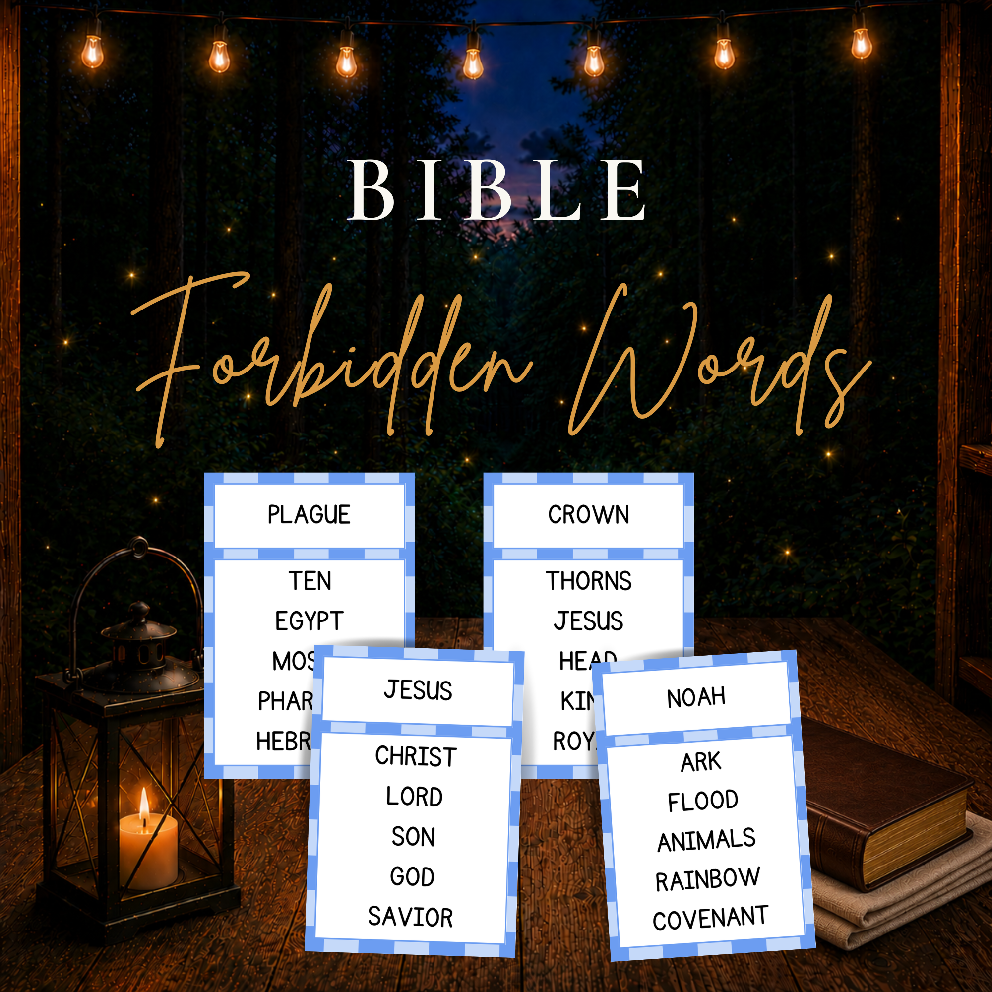 Bible Forbidden Words printable Christian word guessing game with Bible themed game cards
