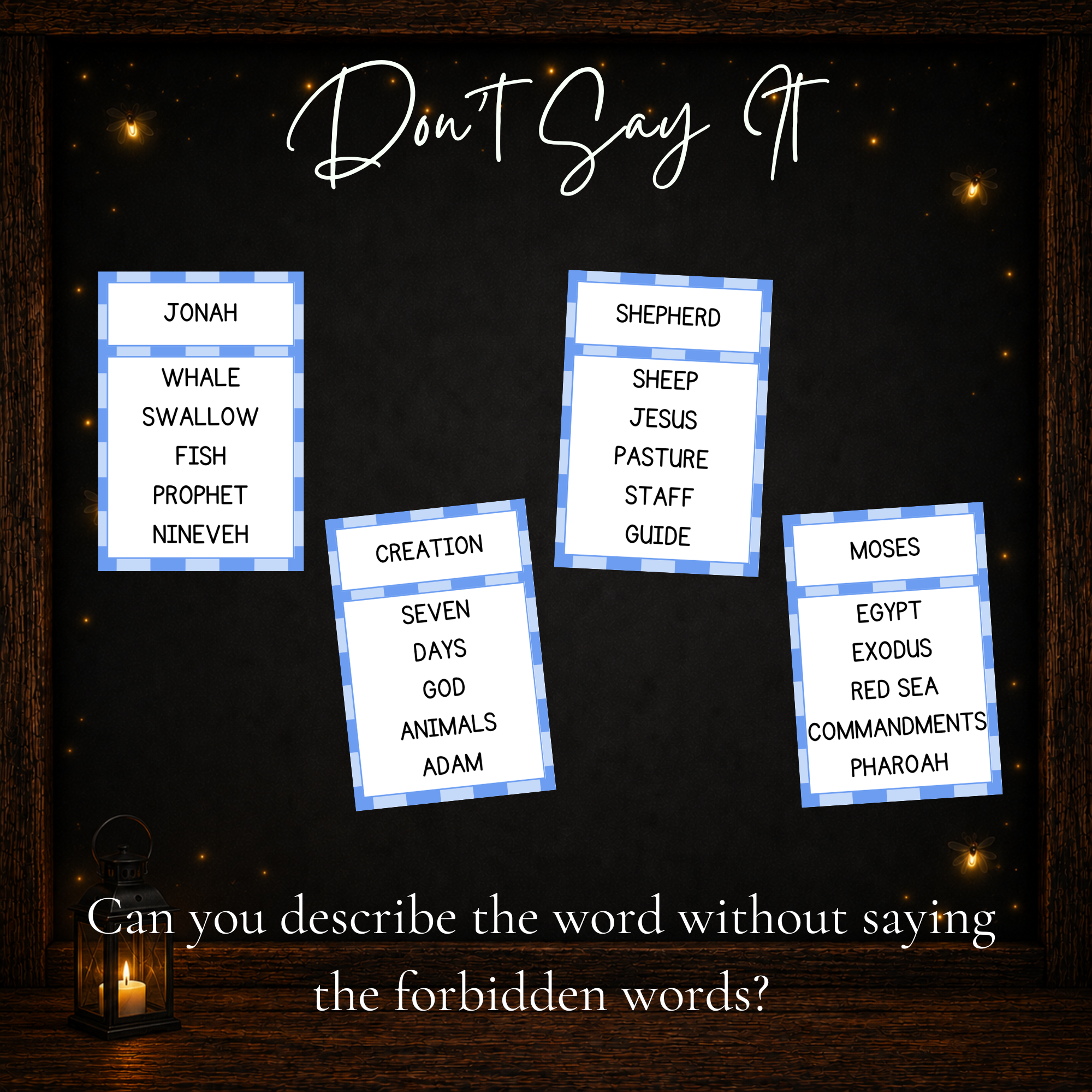 Bible Forbidden Words cards challenging players to describe Bible words without saying the forbidden clues