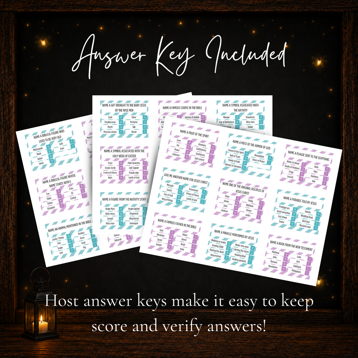Bible Friendly Feud printable host answer keys for checking survey answers and keeping score during the game