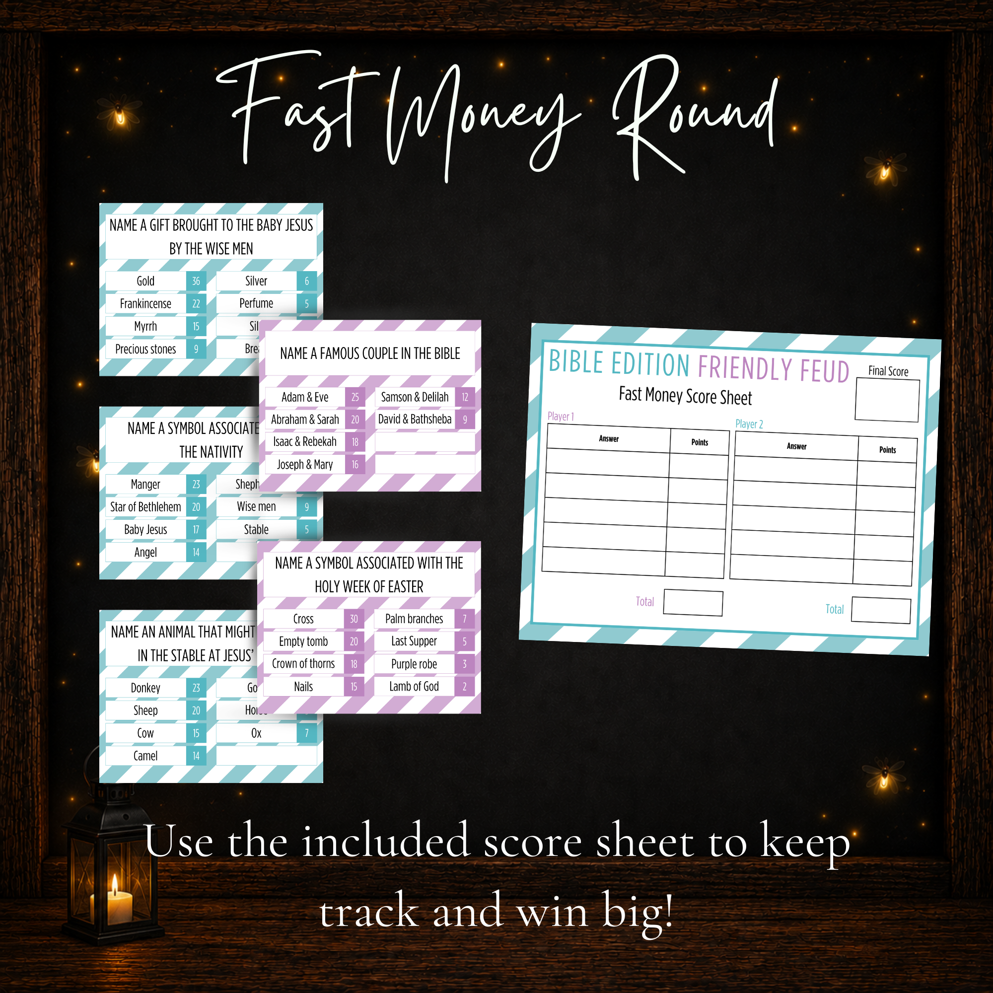 Bible Friendly Feud Fast Money bonus round with printable Bible questions and Fast Money score sheet
