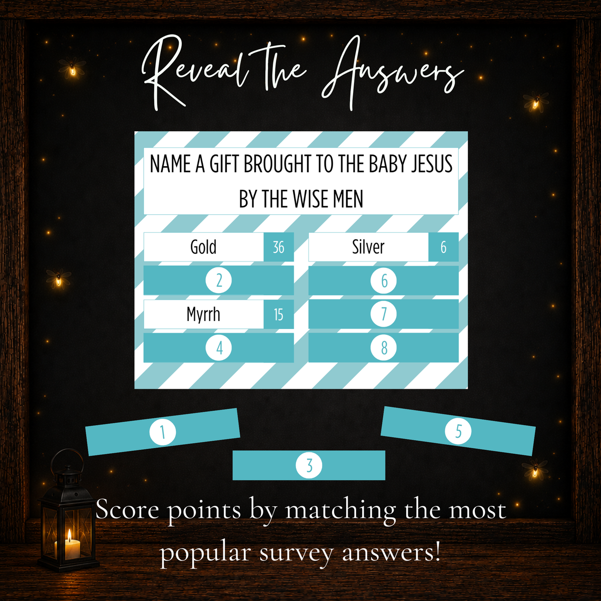 Bible Friendly Feud printable game card with removable answer covers for revealing popular Bible survey answers