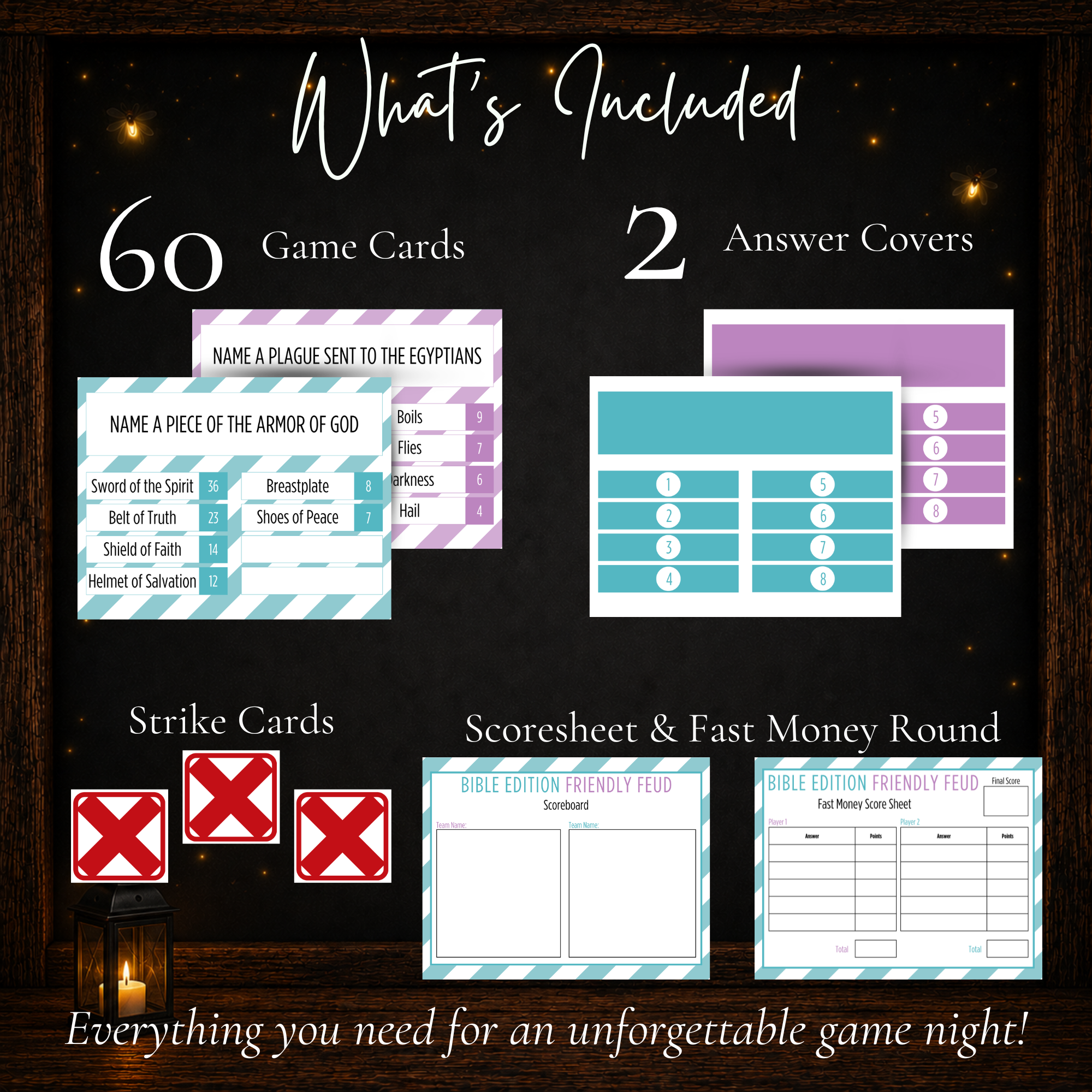 Bible Friendly Feud printable game with 60 game cards, answer covers, strike cards, score sheet and Fast Money round