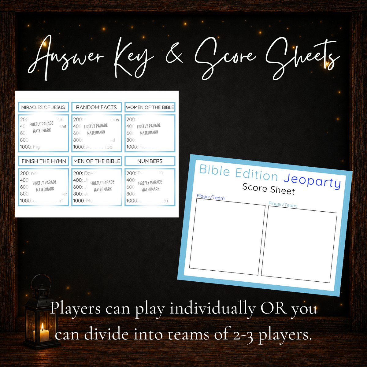 Bible Jeoparty printable host answer key and player team score sheet