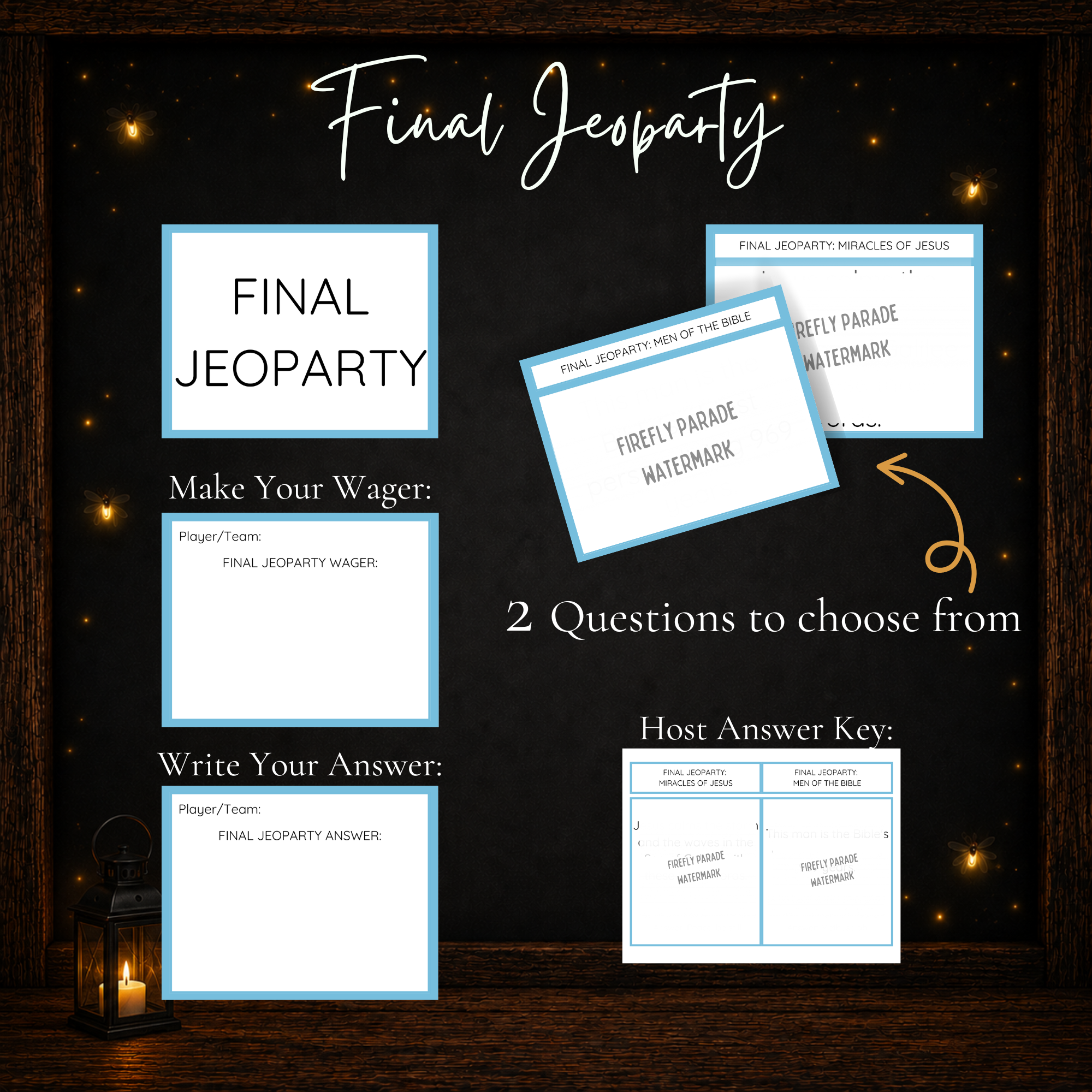 Final Jeoparty round with Bible trivia questions wager cards answer cards and host answer key
