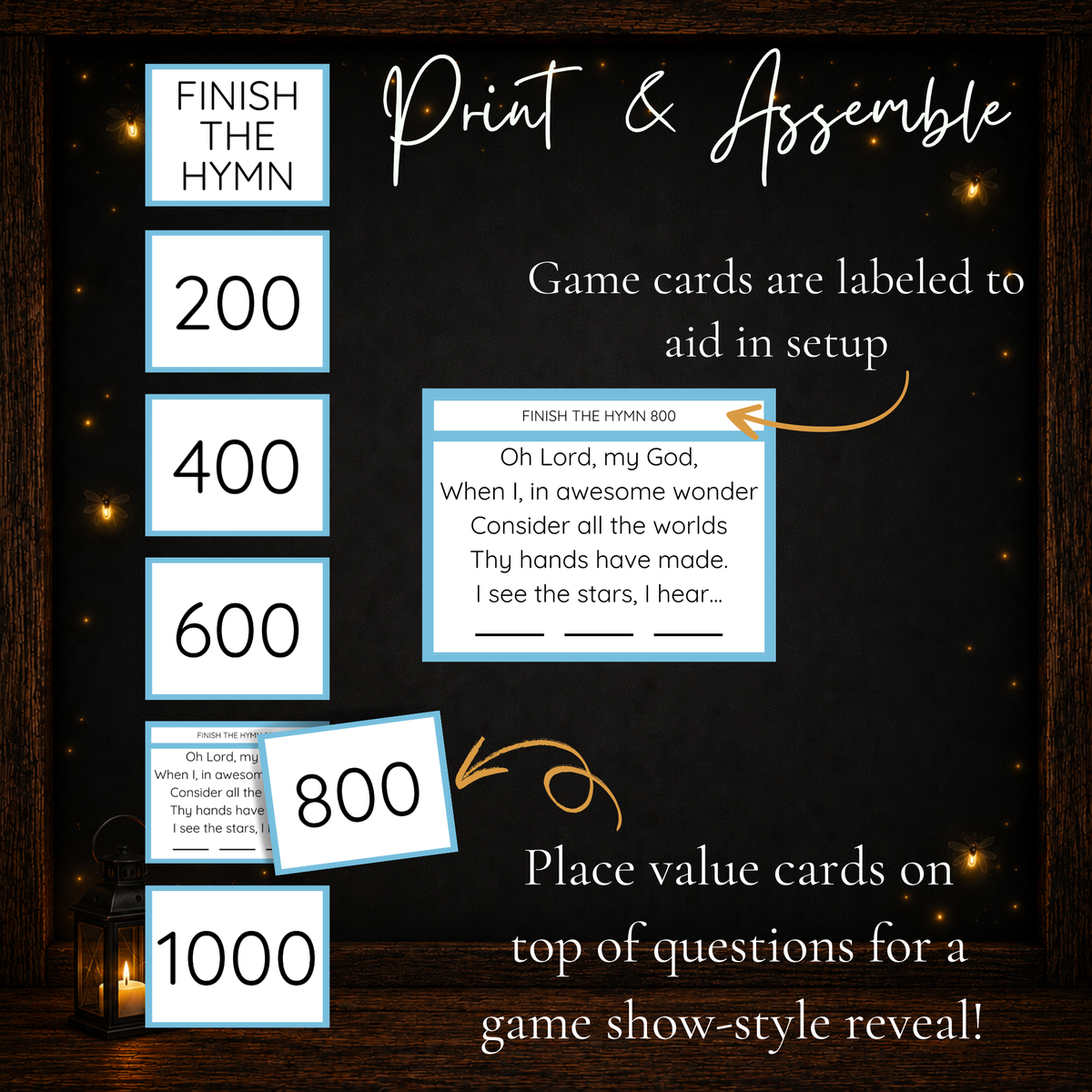 Printable Bible Jeoparty question and value cards labeled for easy game setup and assembly
