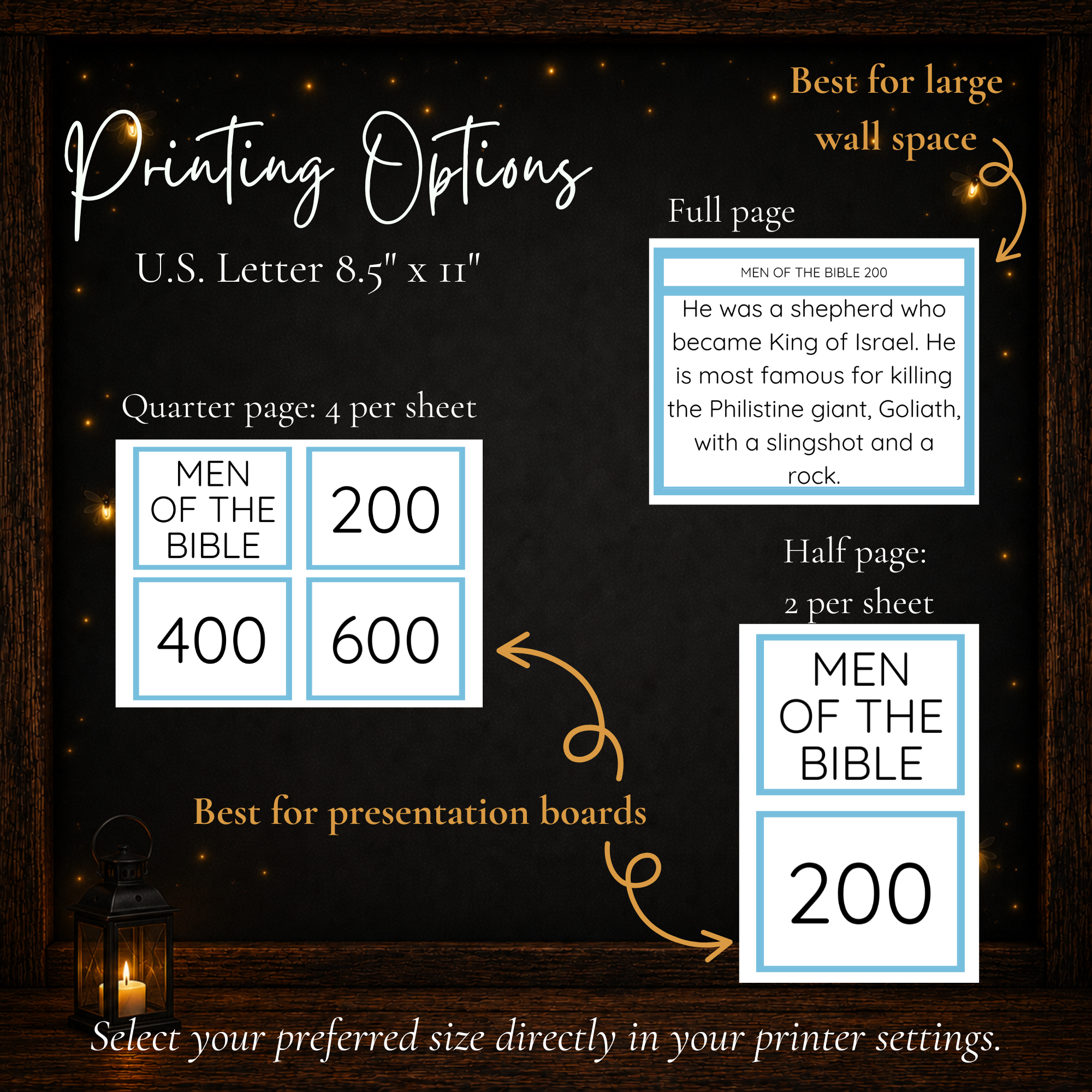 Bible Jeoparty printing options with full page half page and quarter page printable game cards