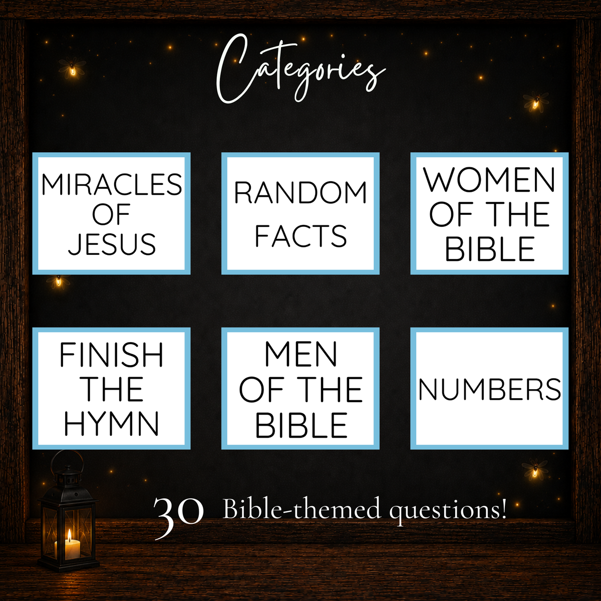Bible Jeoparty categories including Miracles of Jesus Women of the Bible Men of the Bible hymns facts and numbers