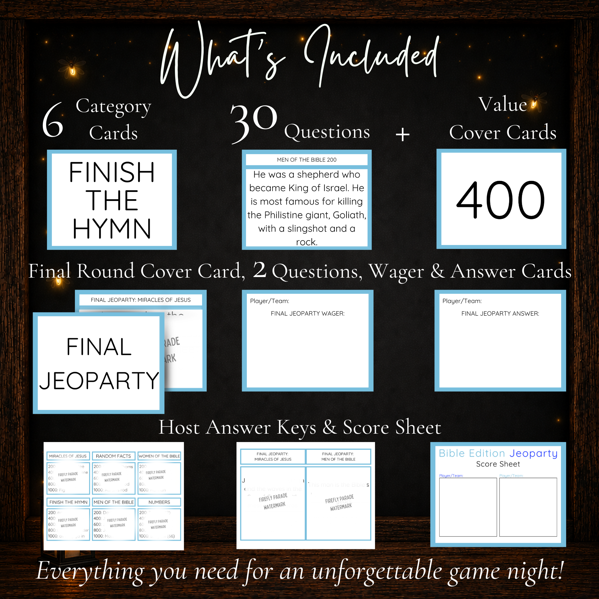 Bible Jeoparty game with 30 questions six category cards value cards Final Jeoparty answer keys and score sheet