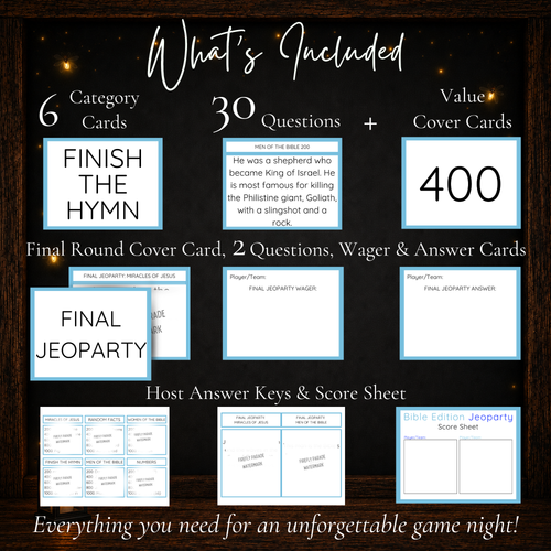 Bible Jeoparty game with 30 questions six category cards value cards Final Jeoparty answer keys and score sheet