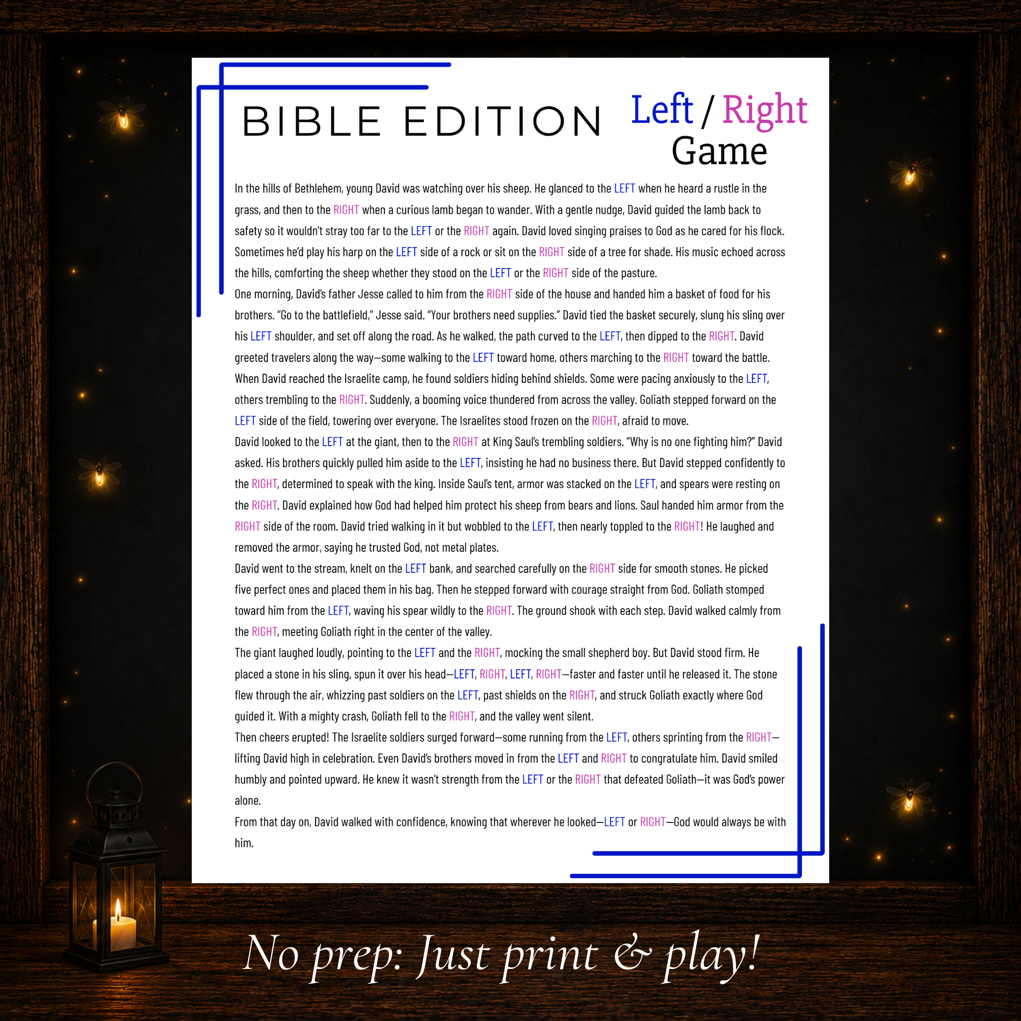 Printable Bible Left Right Game with David and Goliath story for a fun no prep Christian group activity