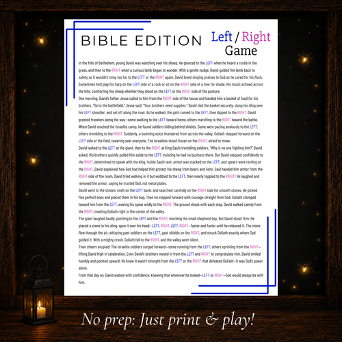 Printable Bible Left Right Game with David and Goliath story for a fun no prep Christian group activity