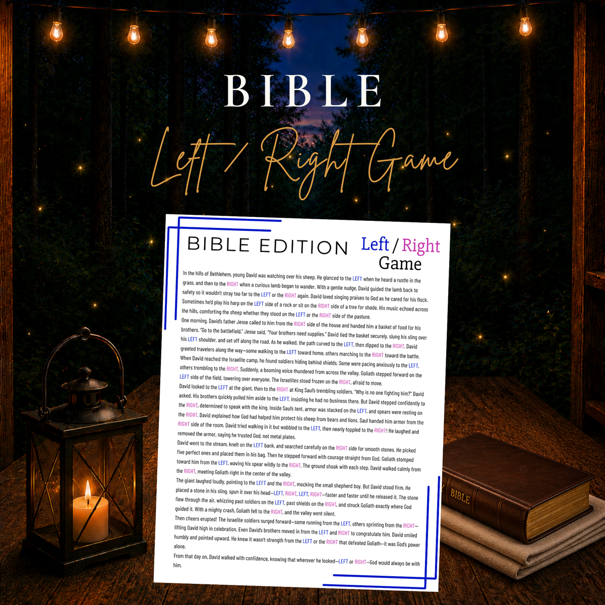 Bible Left Right Game printable featuring a David and Goliath story for church Sunday School youth groups and families
