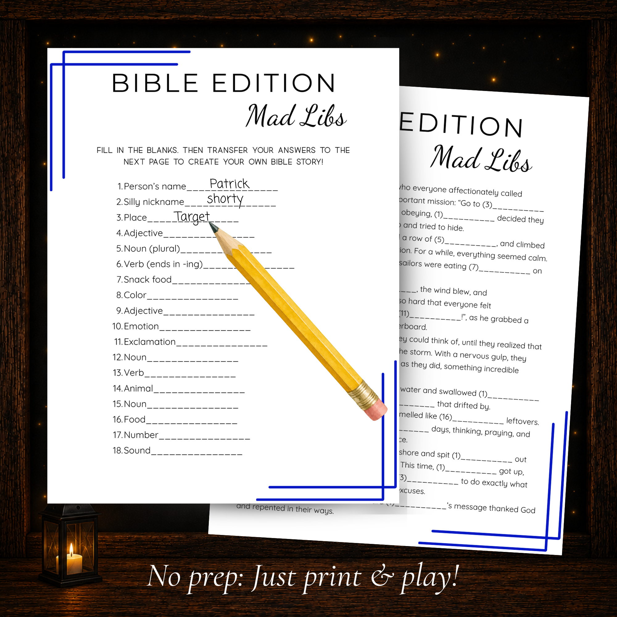 Printable Bible Mad Libs game showing the word selection worksheet and Bible story page for a no-prep church or family activity.