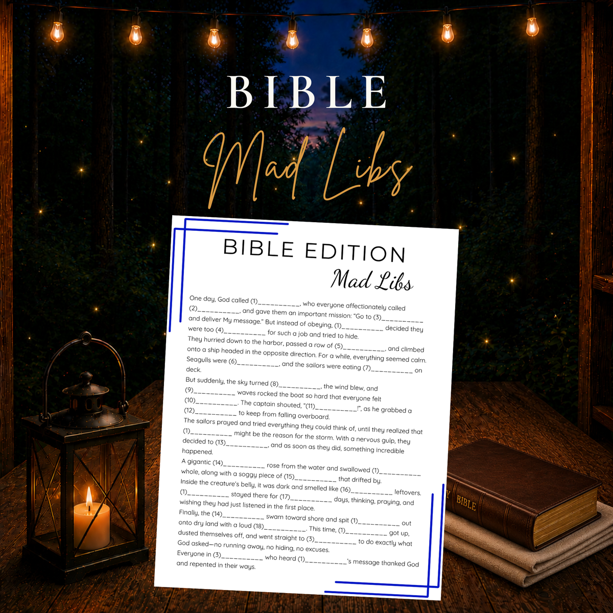 Bible Mad Libs printable game featuring a funny fill-in-the-blank Bible story activity for church, Sunday School, youth groups and families.