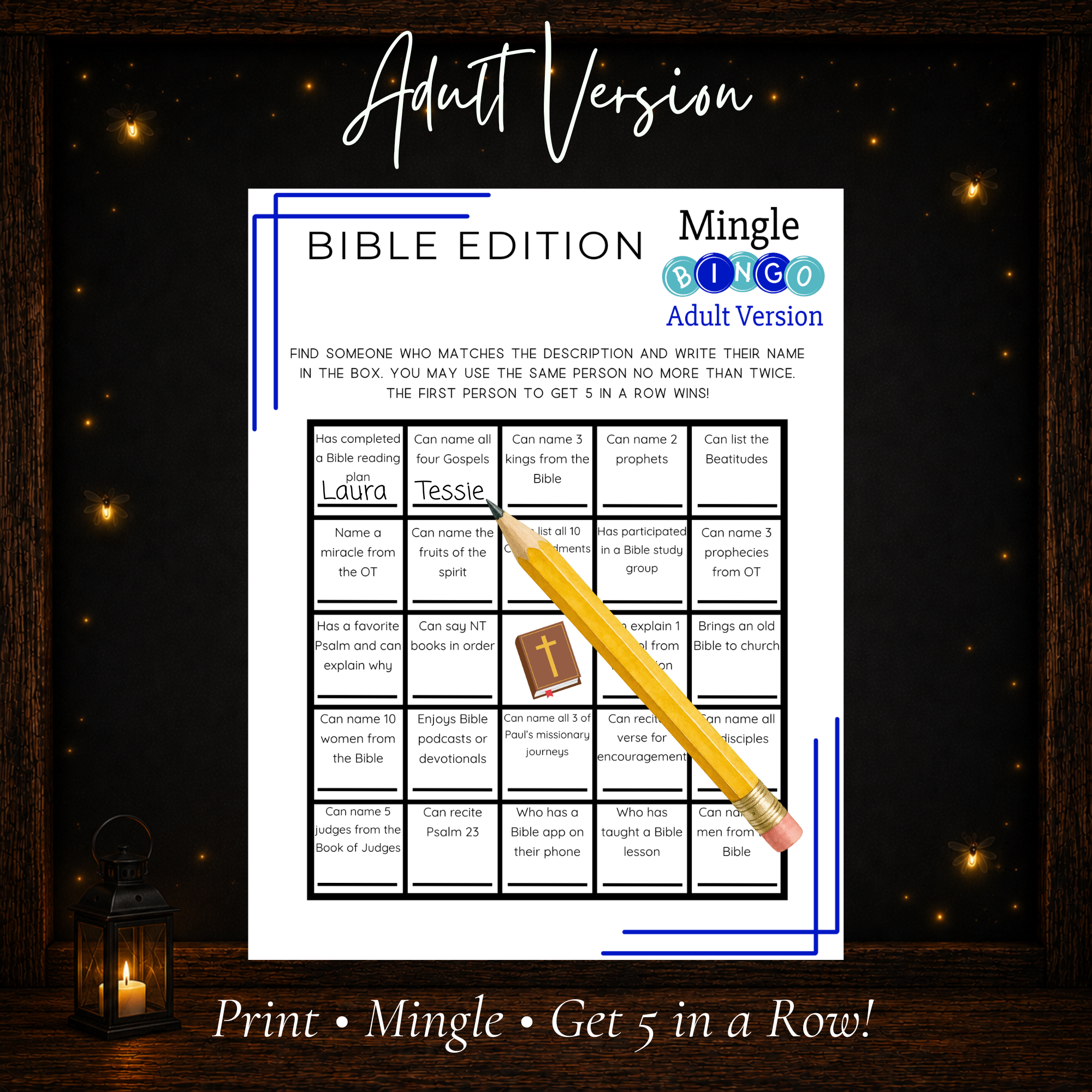 Bible Mingle Bingo adult version printable Christian icebreaker for church fellowship Bible study and small groups