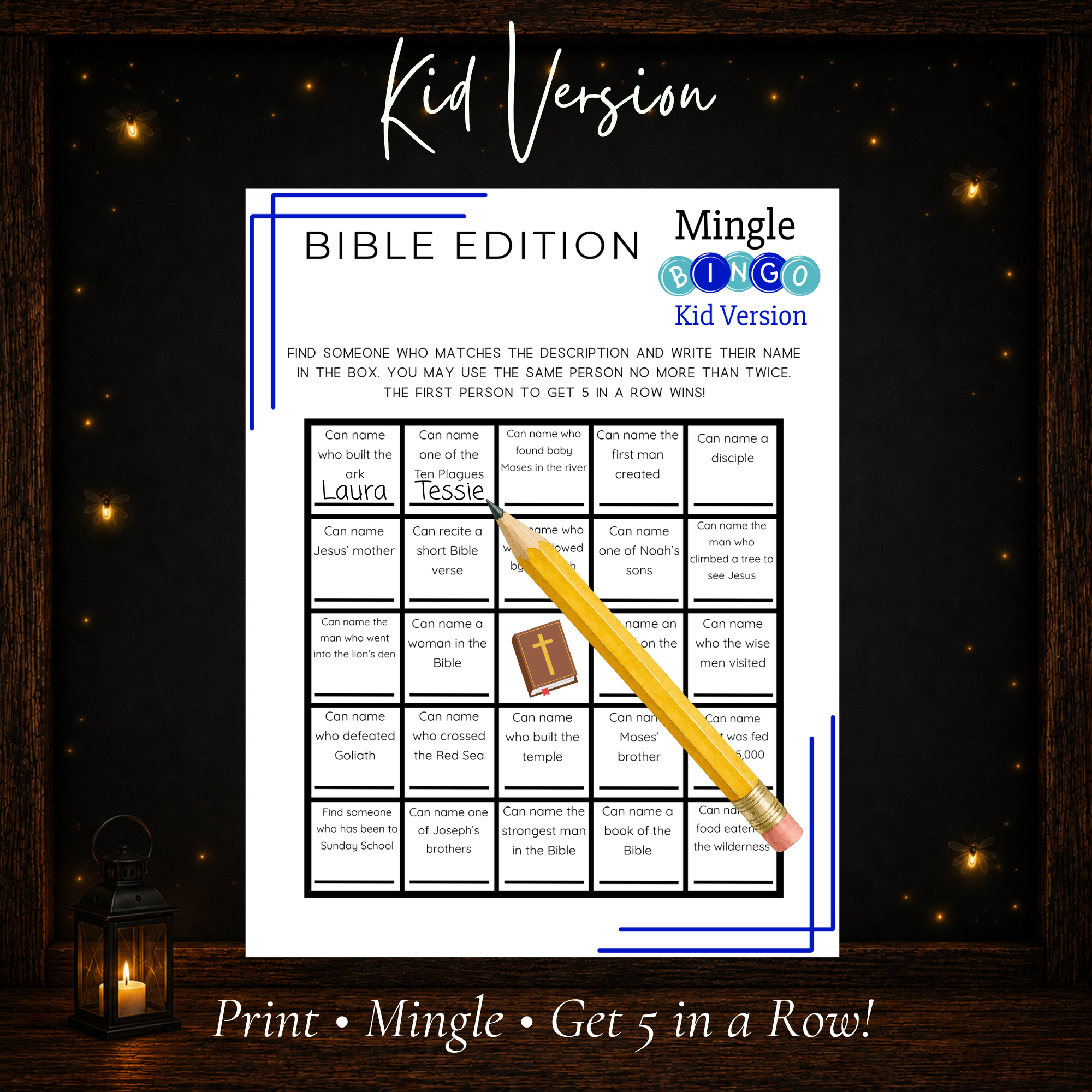 Bible Mingle Bingo kid version printable Bible icebreaker game for Sunday School youth groups and VBS