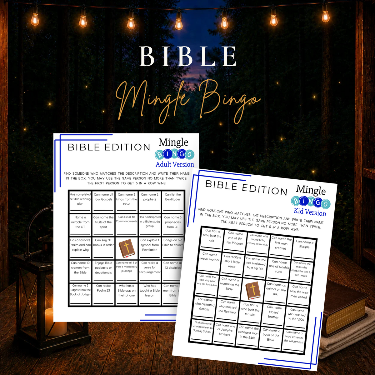 Bible Mingle Bingo printable Christian icebreaker game with kid and adult versions for church groups and families