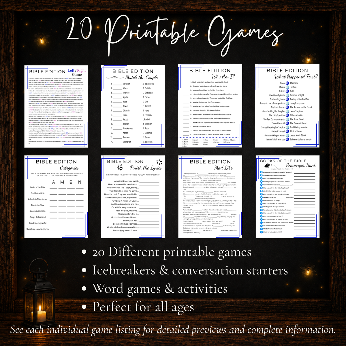 20 printable Bible games with icebreakers, conversation starters, word games and activities for all ages