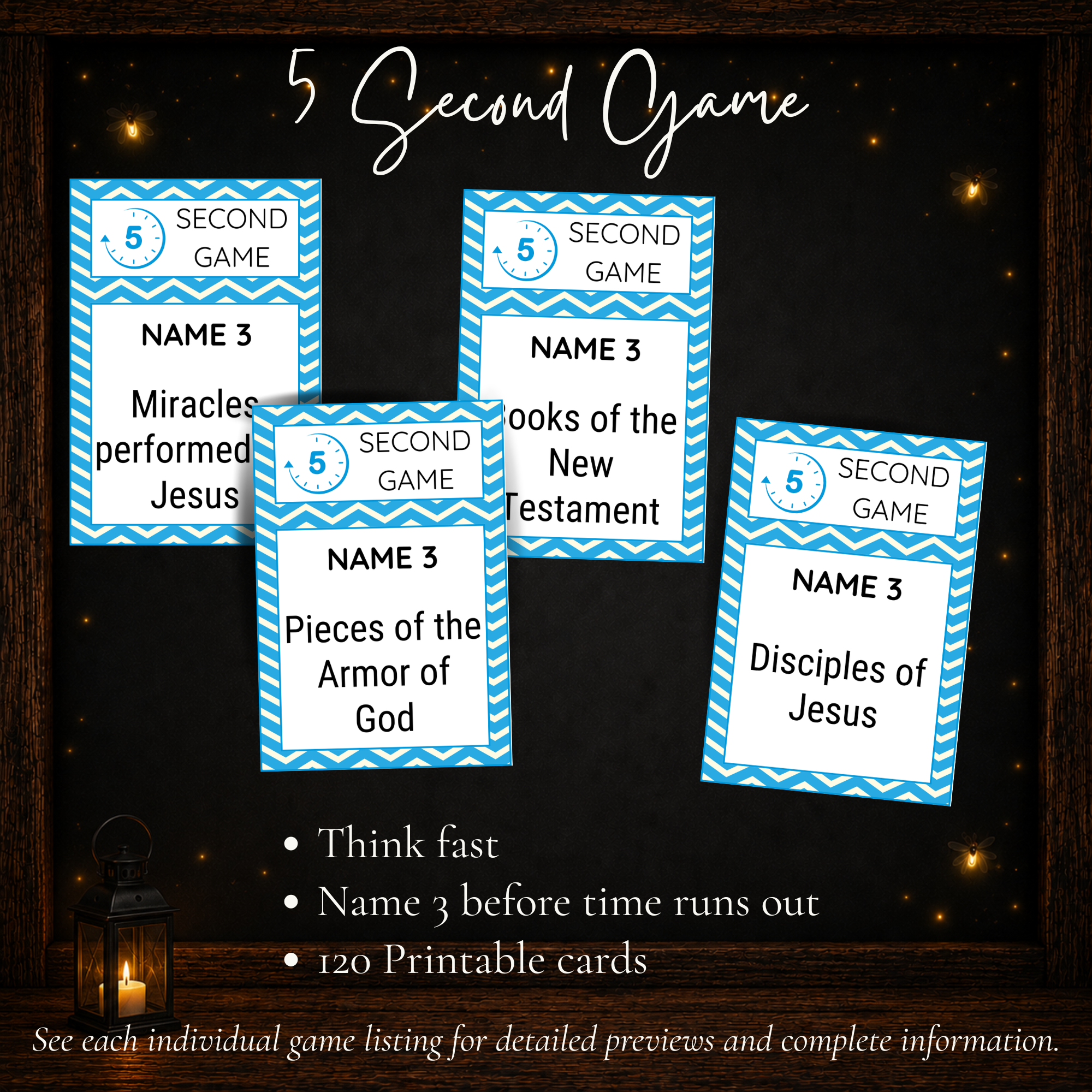 Bible 5 Second Game with 120 printable cards for a fast-paced Christian group game