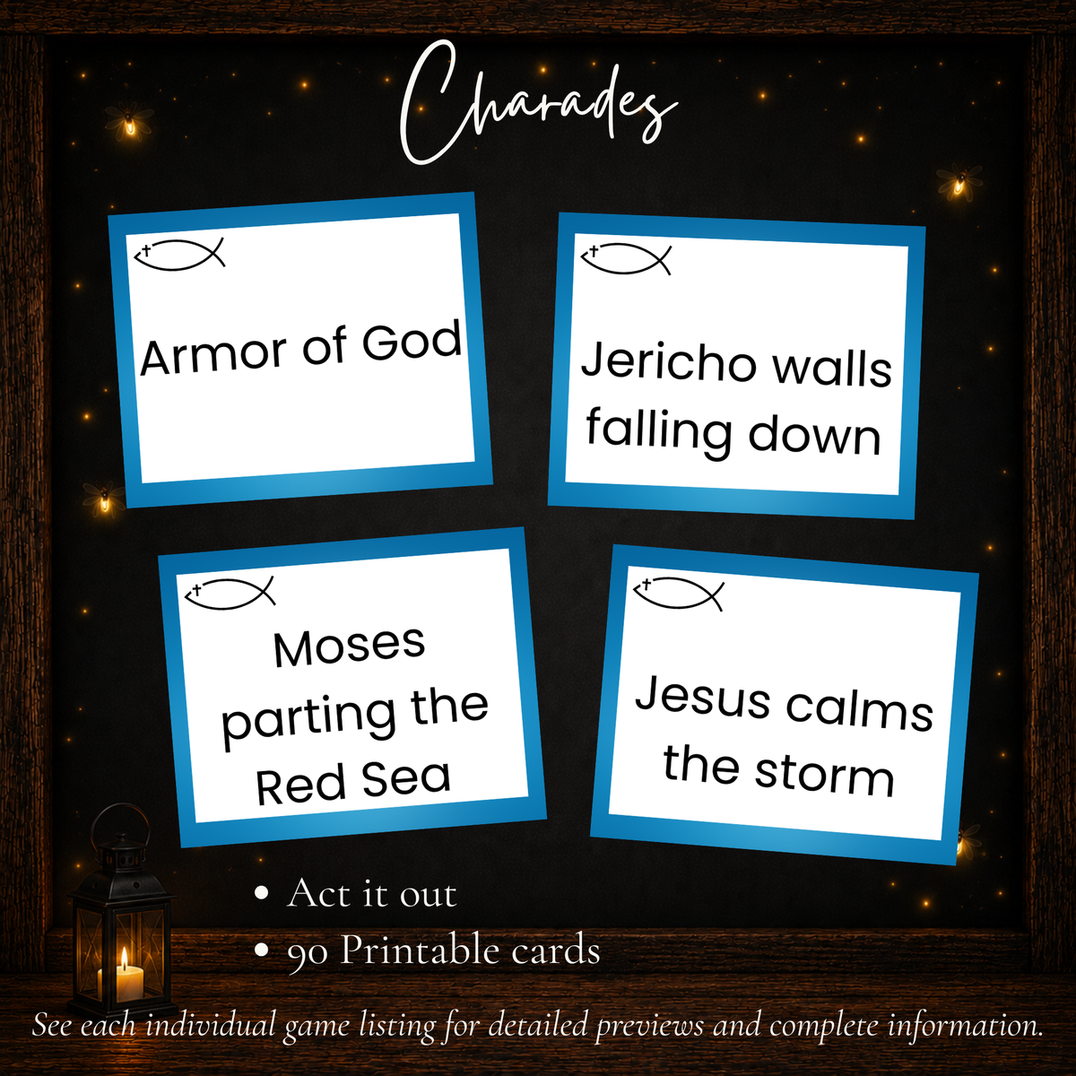 Bible Charades printable game with 90 cards featuring Bible people, stories, events and themes