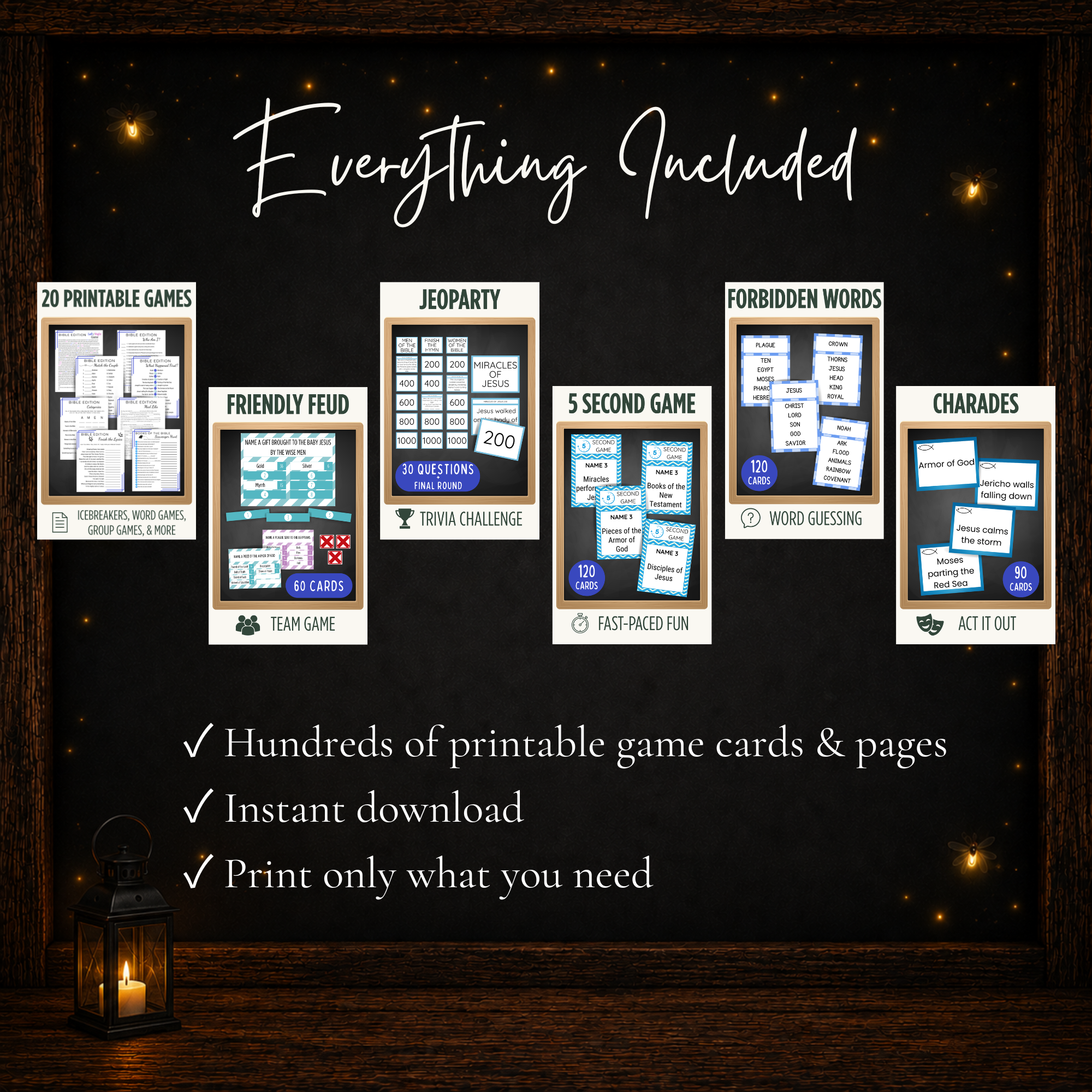Bible Ultimate Game Collection includes six printable Christian game sets with hundreds of game cards and pages