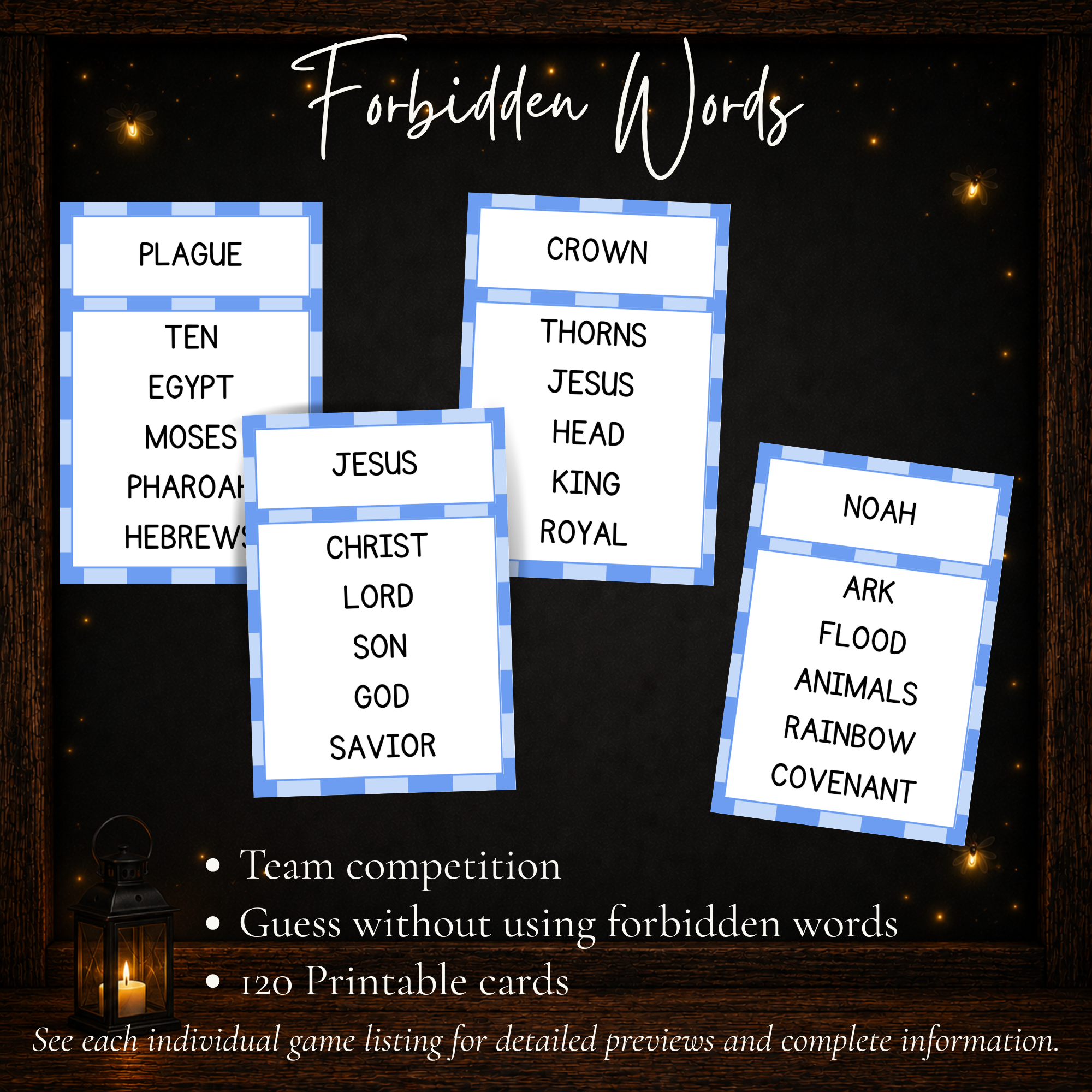 Bible Forbidden Words team guessing game with 120 printable Bible-themed cards