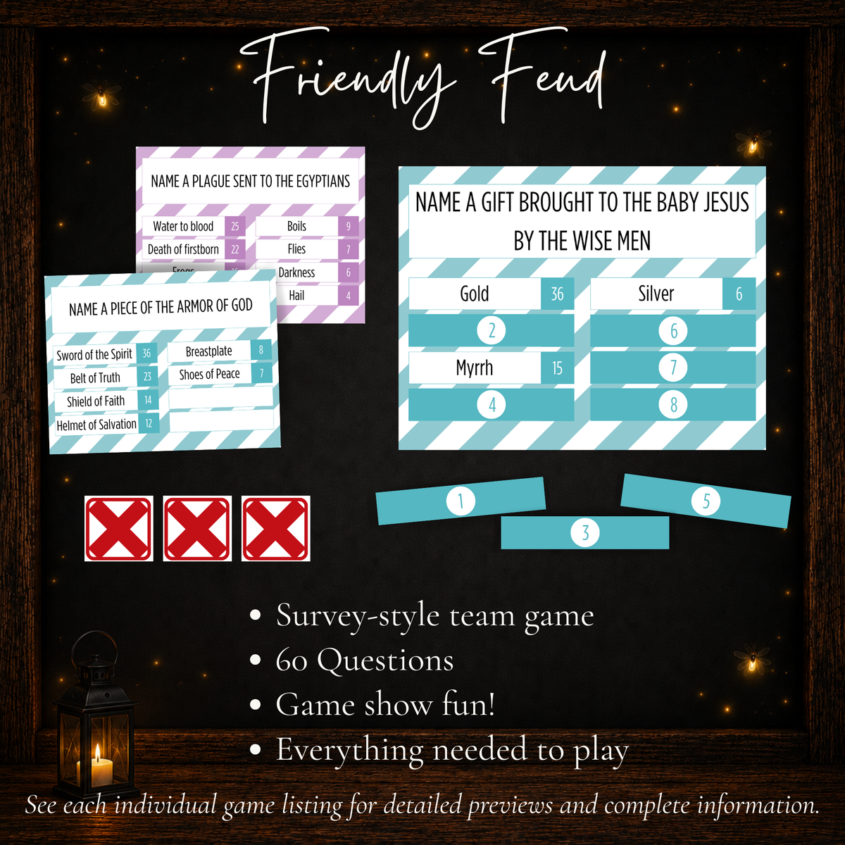 Bible Friendly Feud printable survey-style team game with 60 Bible questions and game show pieces