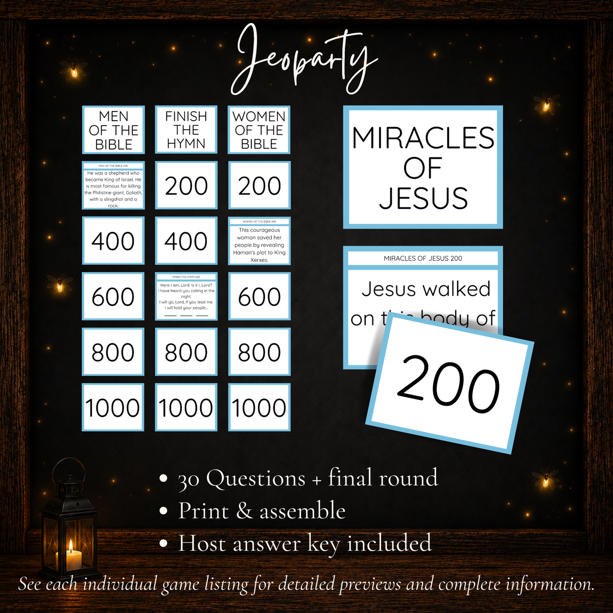 Bible Jeoparty printable trivia game with 30 questions, final round and host answer key