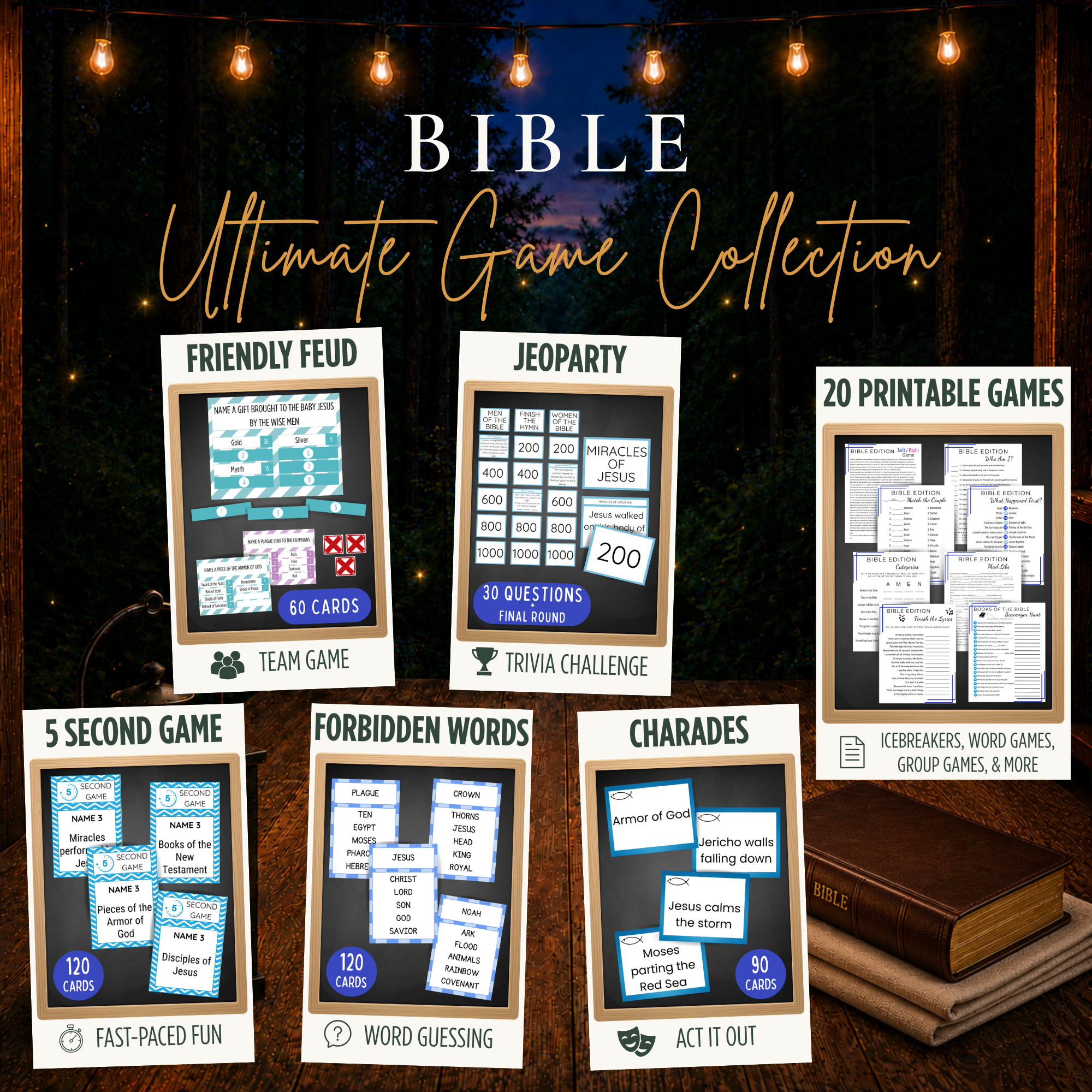 Bible Ultimate Game Collection printable Bible games bundle with Friendly Feud, Jeoparty, 5 Second Game, Forbidden Words, Charades and 20 printable games