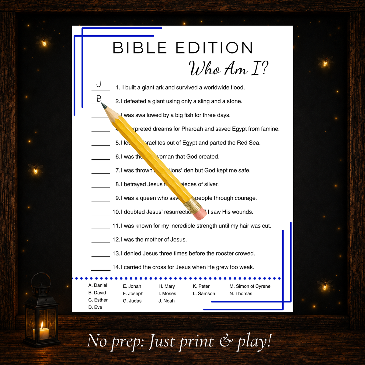 Bible Who Am I character matching game featuring 14 Bible trivia clues in an easy print and play activity.