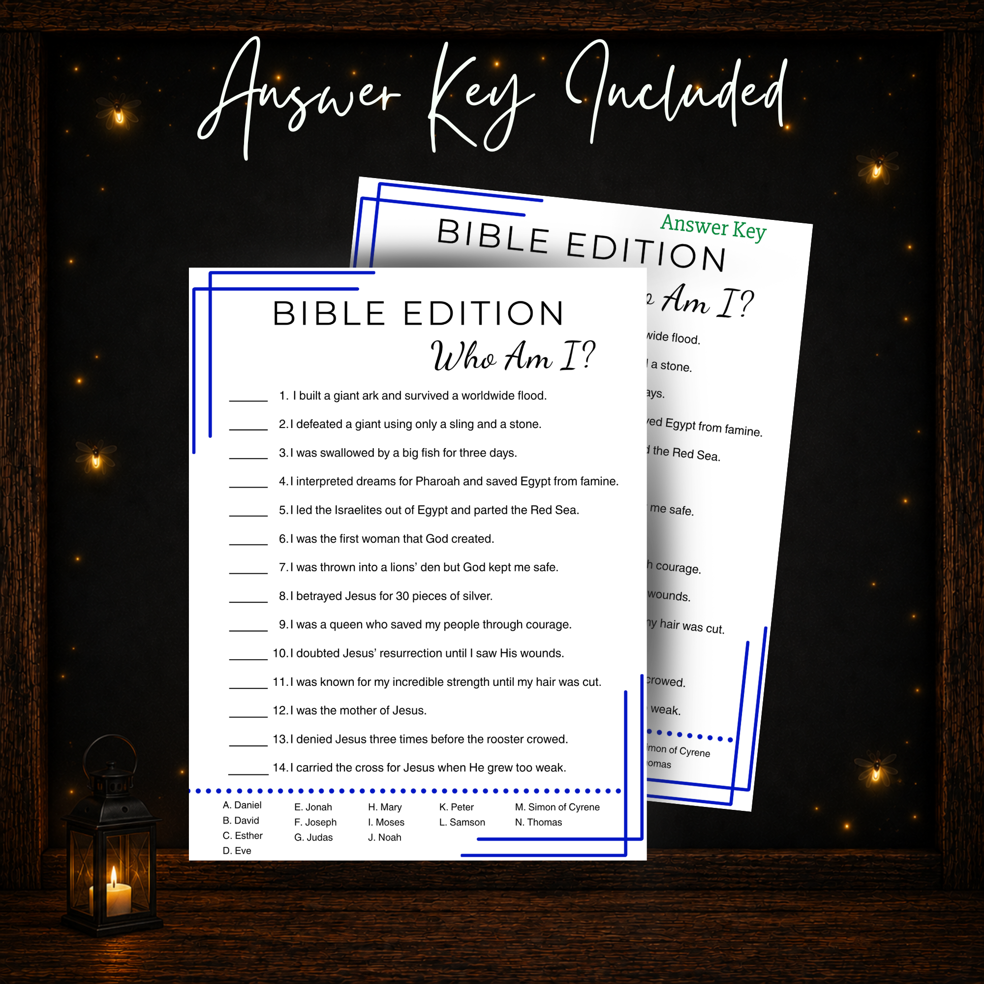 Bible Who Am I printable game and included answer key for easy checking during Sunday School or church activities.