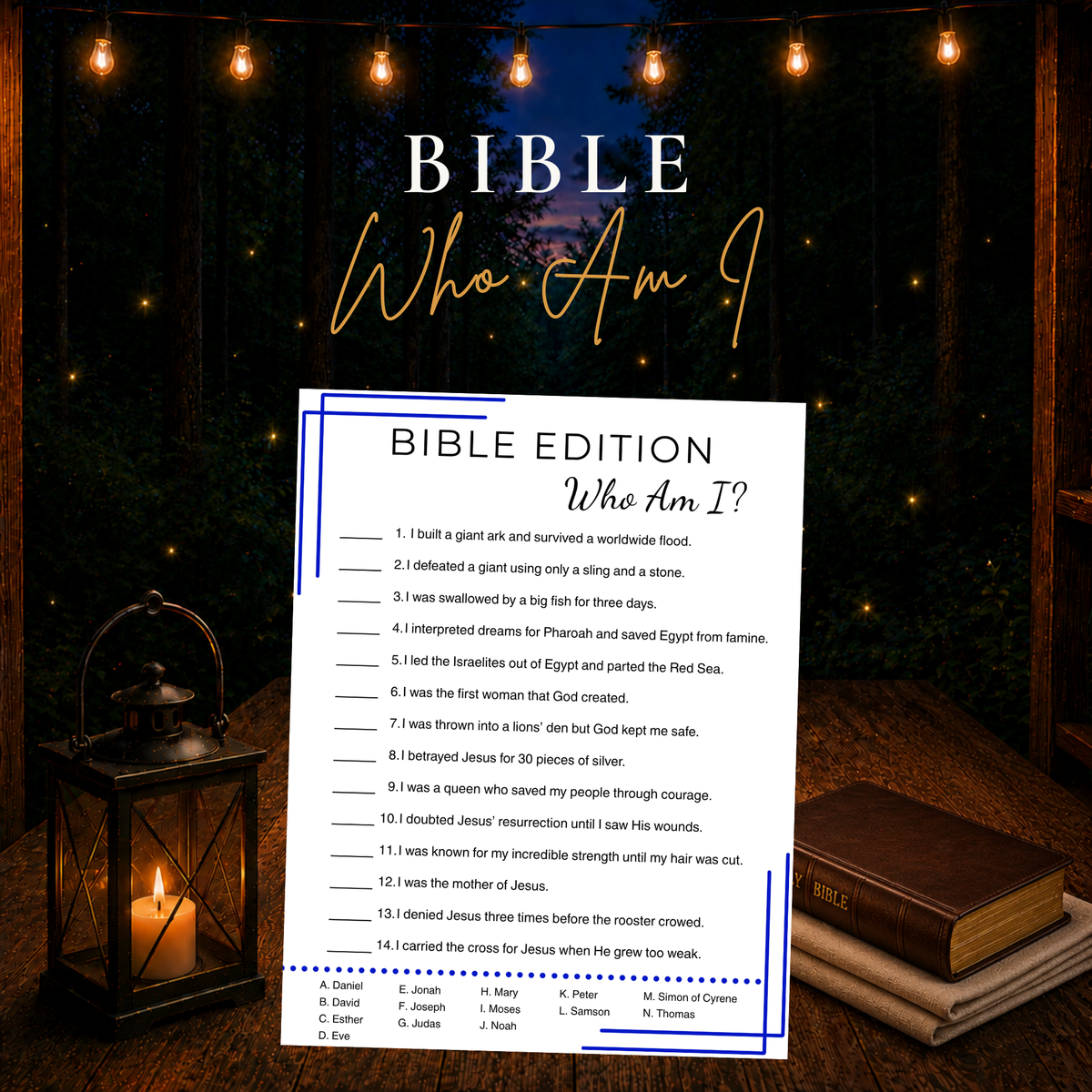 Bible Who Am I printable game with Bible character clues for Sunday School, youth groups, church and family activities.