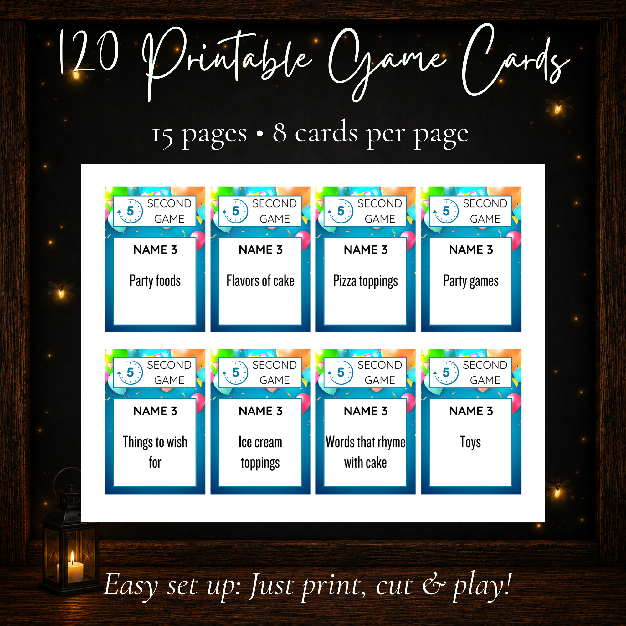 Birthday 5 Second Game with 120 printable game cards on 15 pages with 8 cards per page