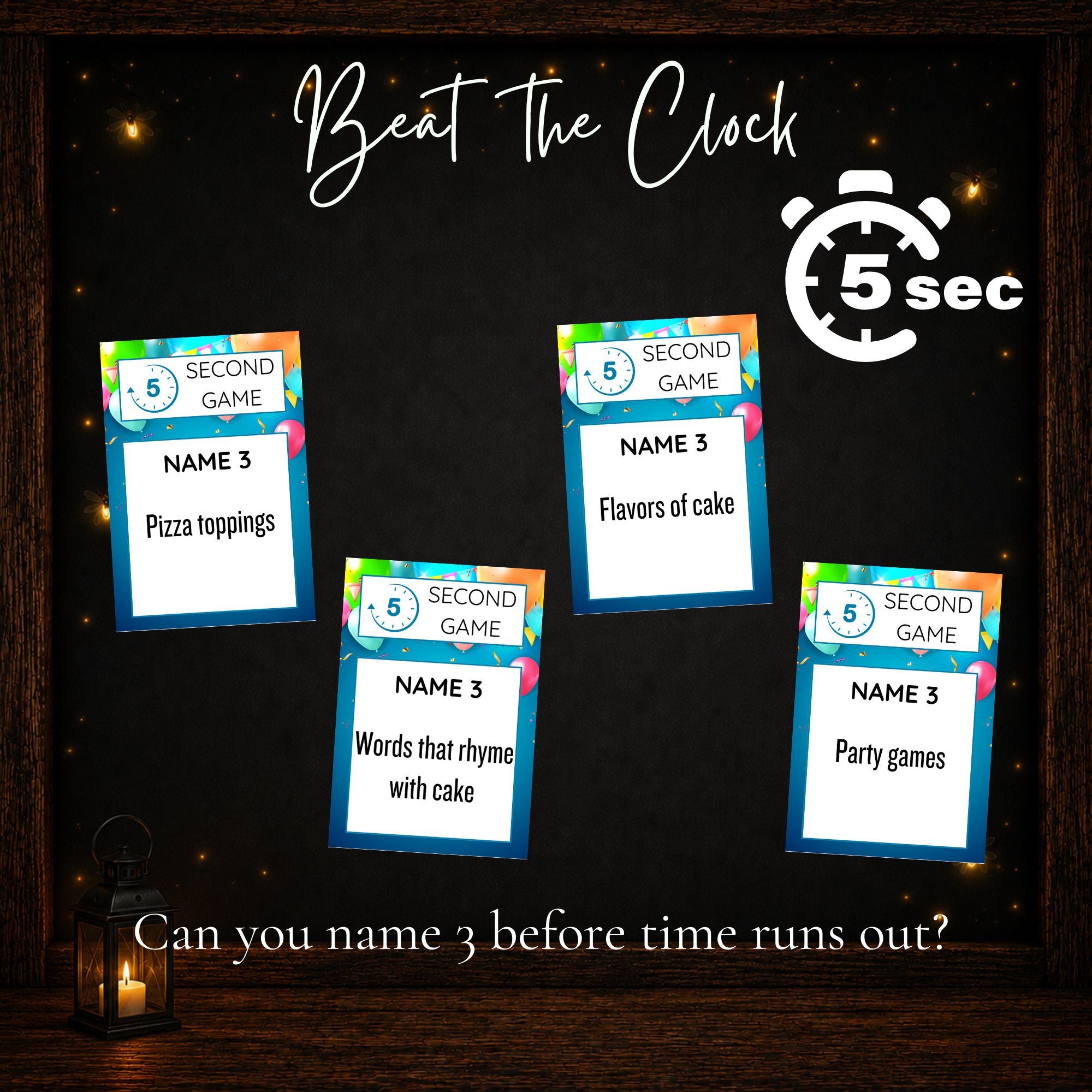 Printable Birthday 5 Second Game cards with five second timer challenge for party guests
