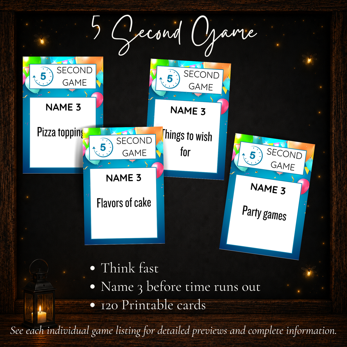 Birthday 5 Second Game with 120 printable cards for a fast-paced name three party challenge