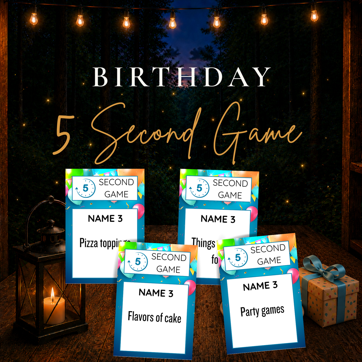 Birthday 5 Second Game printable party game with fast-paced name three challenge cards