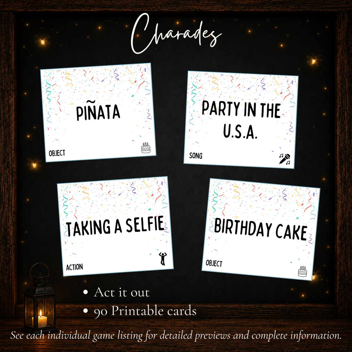 Birthday Charades printable party game with 90 acting cards for birthday celebrations and groups