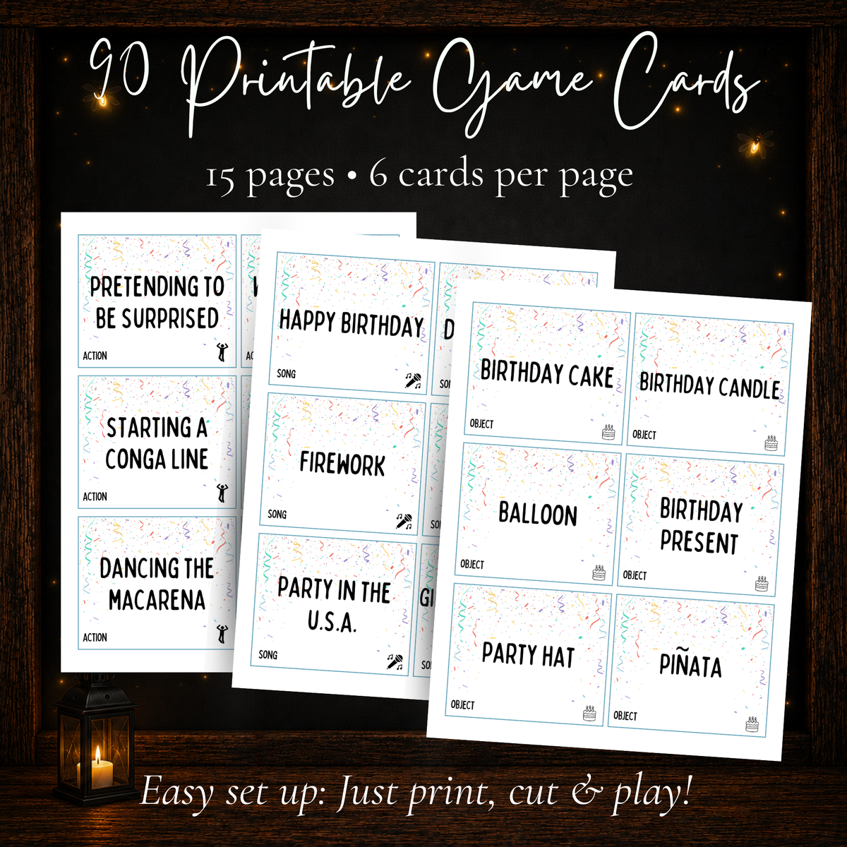 90 printable Birthday Charades game cards on 15 pages with 6 cards per page