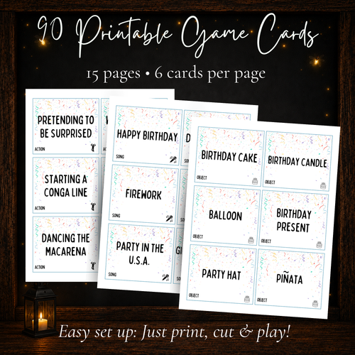 90 printable Birthday Charades game cards on 15 pages with 6 cards per page