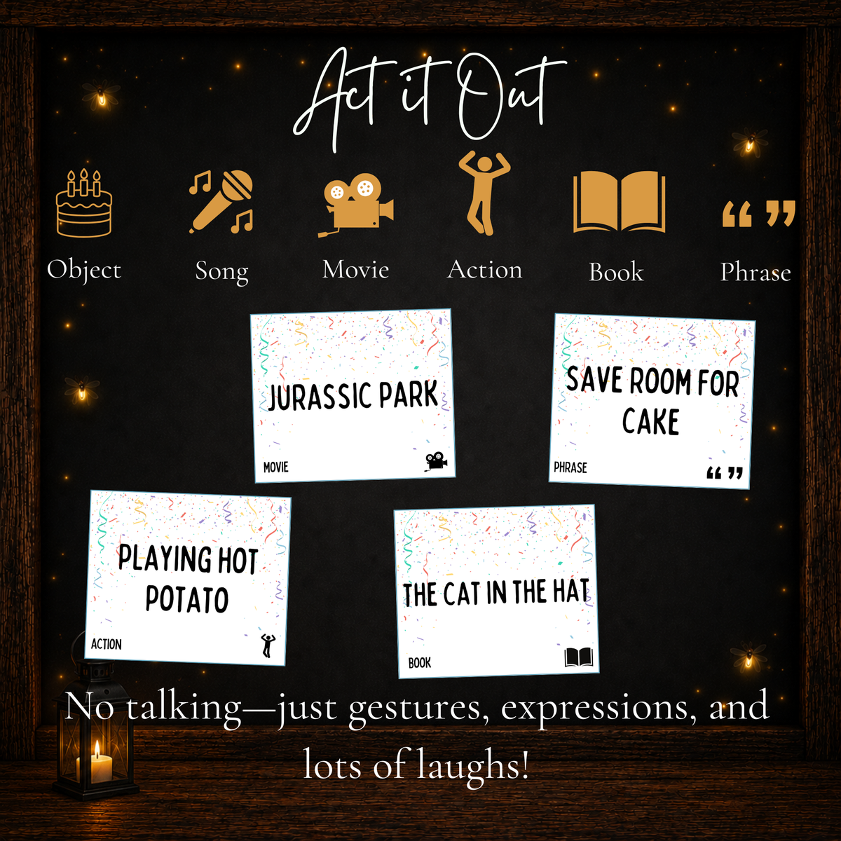 Birthday Charades cards with object song movie action book and phrase categories