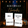 Birthday Charades printable party game with colorful acting cards for birthday parties and family game nights